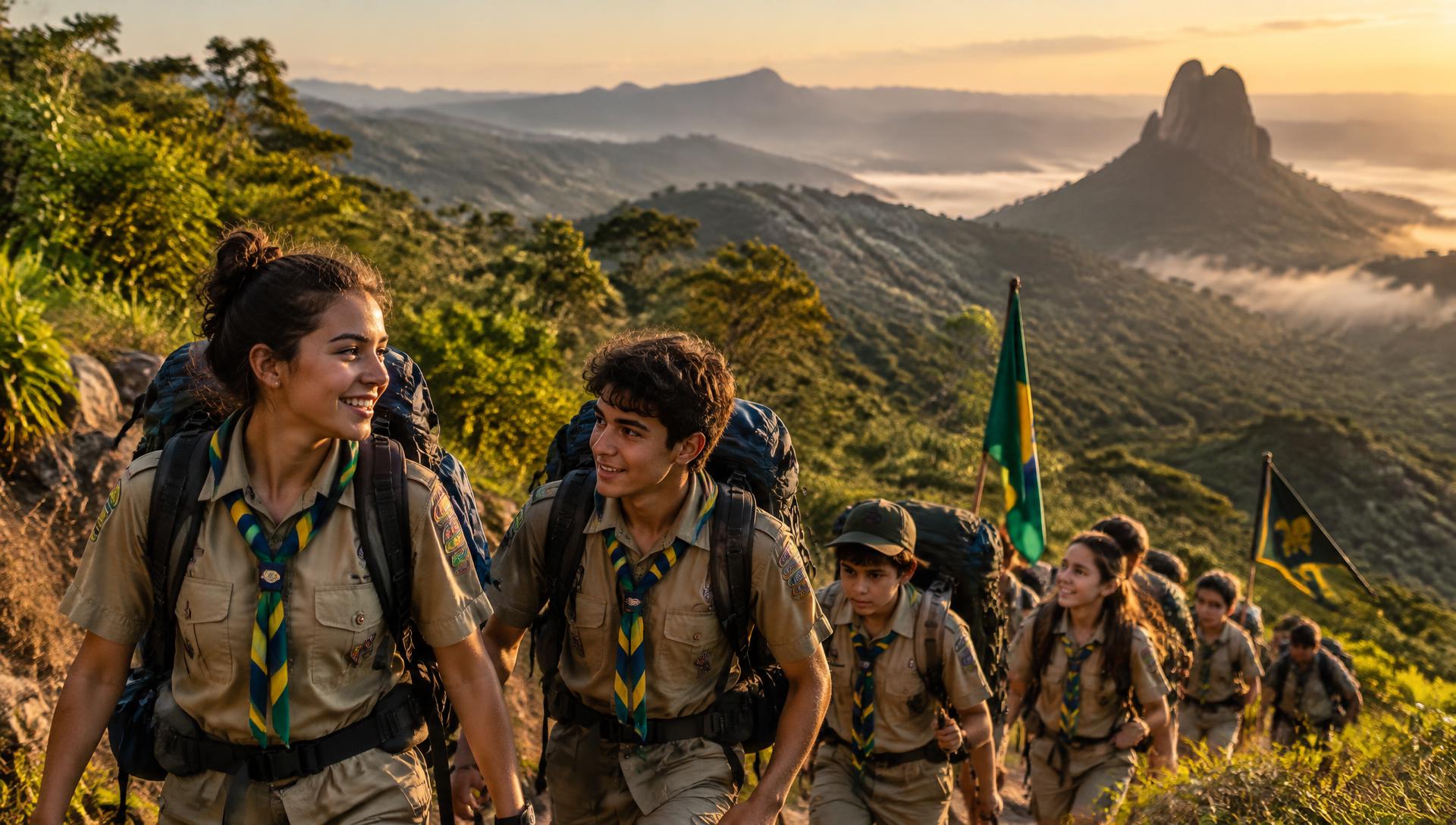 Jovens bandeirantes em trilha nas montanhas de Minas Gerais